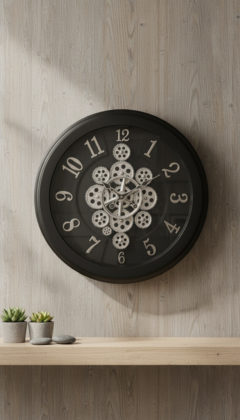 Sapna 3551 Industrial Gear Wall Clock | Black Frame Analog with Silver Gears