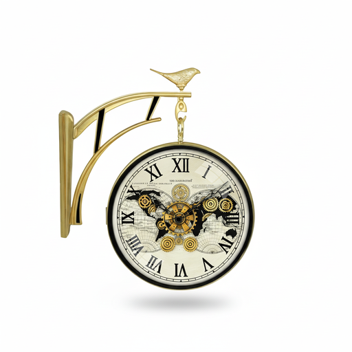Double Sided Wall Clock Vintage World Map Dial With Exposed Gears & Decorative Bird, Gold Finish