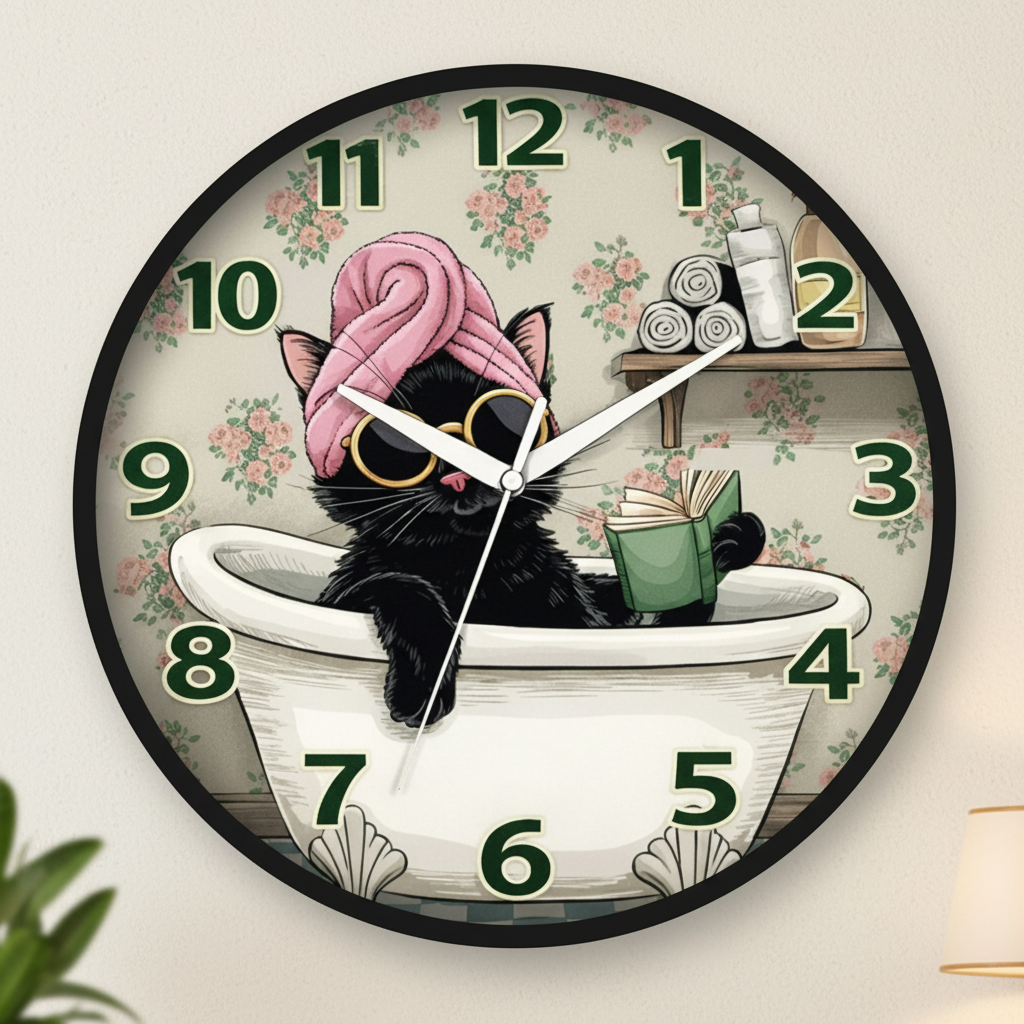 The clock Factory Whimsical Cat in Bathtub Floral Analog Wall Clock - tcfbath - The clock Factory tcfbath-floral