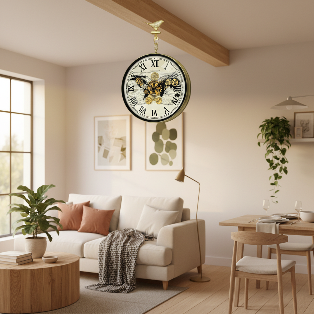 The clock Factory s7WorldMap Double Sided Wall Clock with Steampunk Gears and World Map Dial, Antique Gold - Decor 6