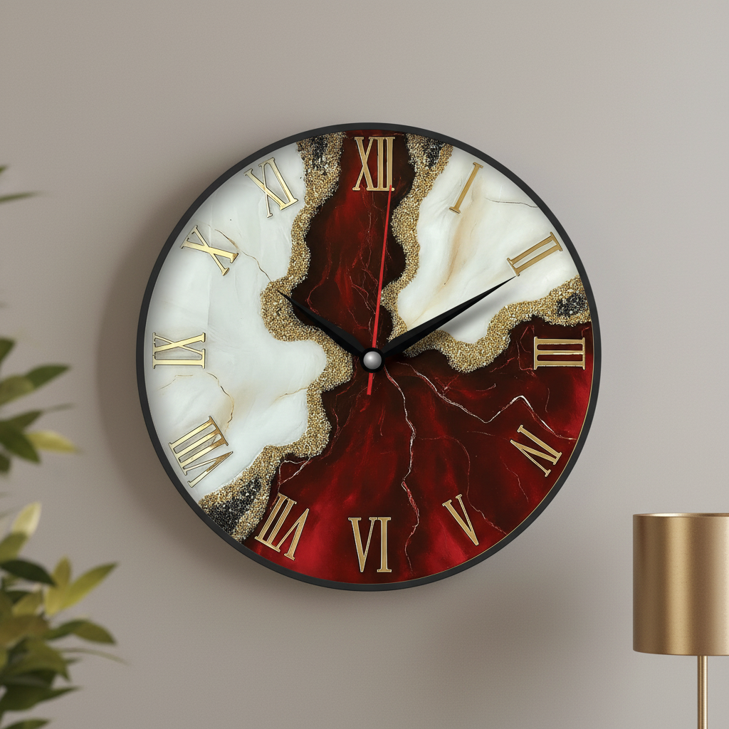 The clock Factory TCF094 Geode Red & White Glitter Wall Clock with Roman Numerals - The clock Factory tcf094-red