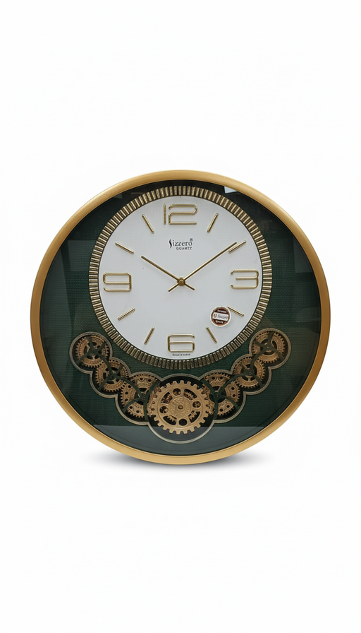 Oval Gold & Green Decorative Wall Clock With Visible Gears, Quartz Movement