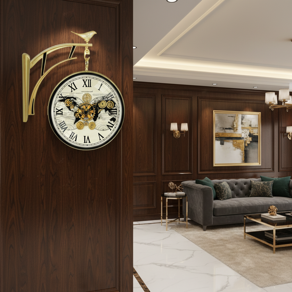 The clock Factory s7WorldMap Double Sided Wall Clock with Steampunk Gears and World Map Dial, Antique Gold - Decor 7