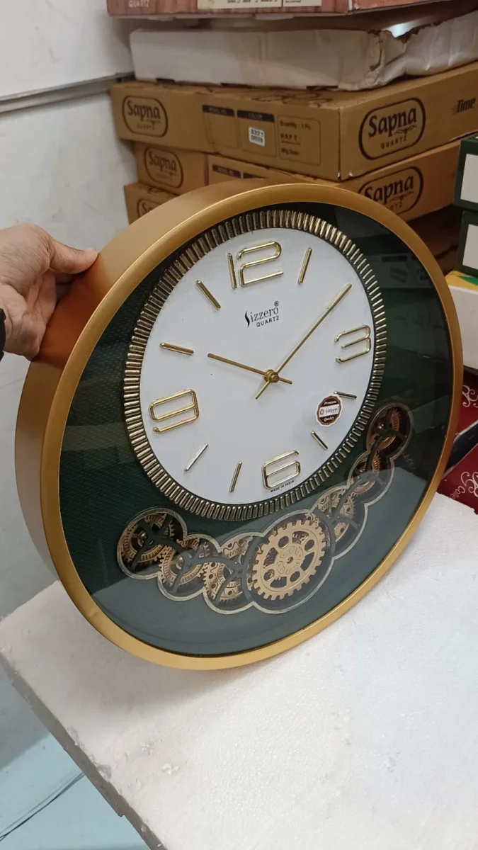 Sizzero 1811 Oval Gold & Green Decorative Wall Clock with Visible Gears, Quartz Movement - Sizzero 1811-golden - Wall Clock  Plastic - ["Modern Wall Clock", "Home Decor", "Quartz Movement", "Metallic Gold Frame", "Visible Gears"]