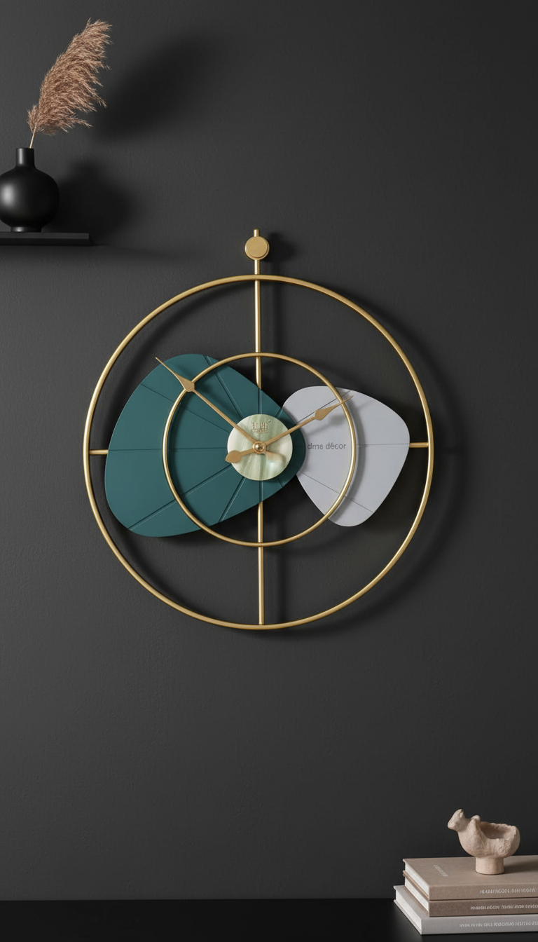 Solar SQ-60 Modern Abstract Gold Metallic Wall Clock with Blue & Pink Accents - Decor 4