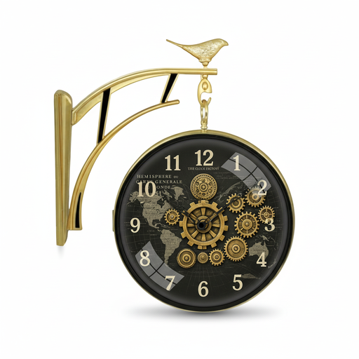 Double Sided Wall Clock With Steampunk Gears And World Map Dial, Antique Gold