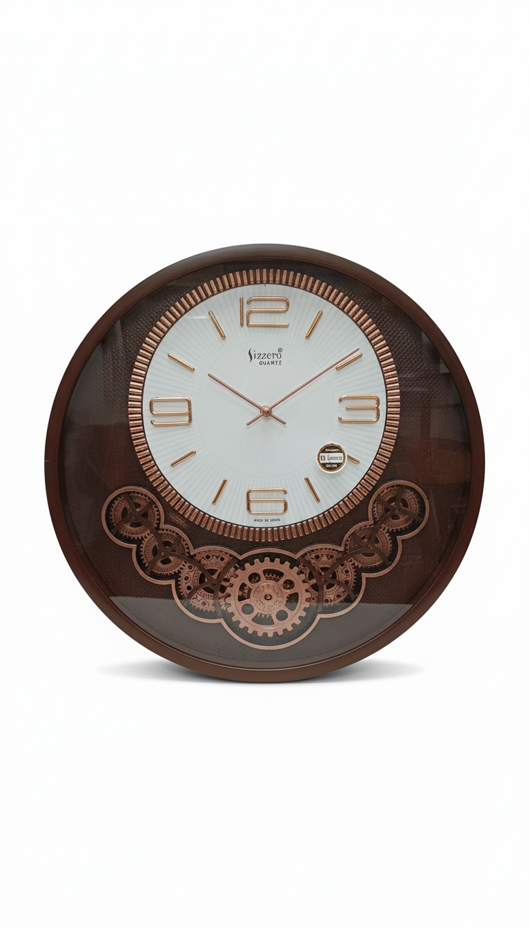 Analog Wall Clock With Wood Grain Frame And Decorative Steampunk Gears