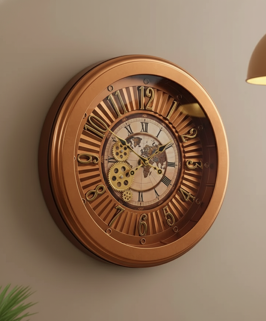 The Clock Factory World Map Gear Wall Clock - Vintage Bronze with Exposed Gears - The clock Factory tcfworldmapgear-antique