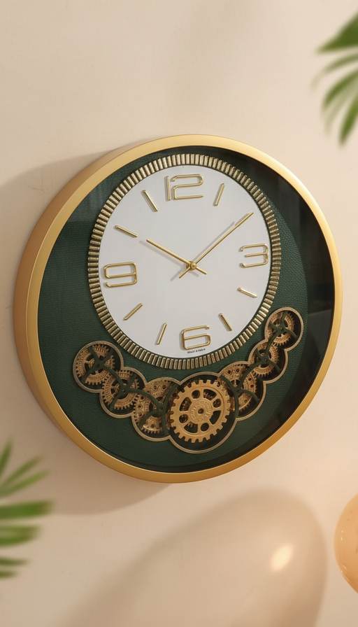 Sizzero 1811 Oval Gold & Green Decorative Wall Clock with Visible Gears, Quartz Movement - Sizzero 1811-golden