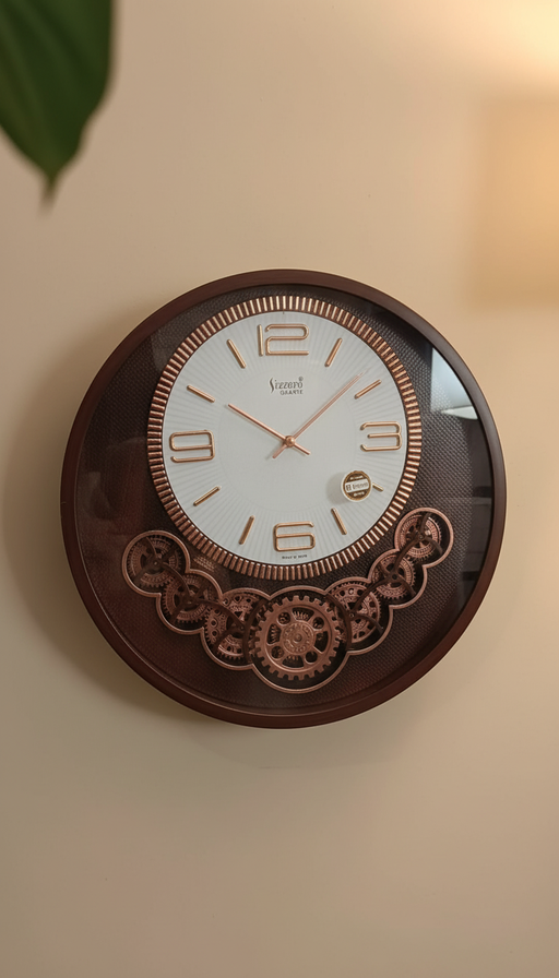 Sizzero 1811 Analog Wall Clock with Wood Grain Frame and Decorative Steampunk Gears - Sizzero 1811-Brown