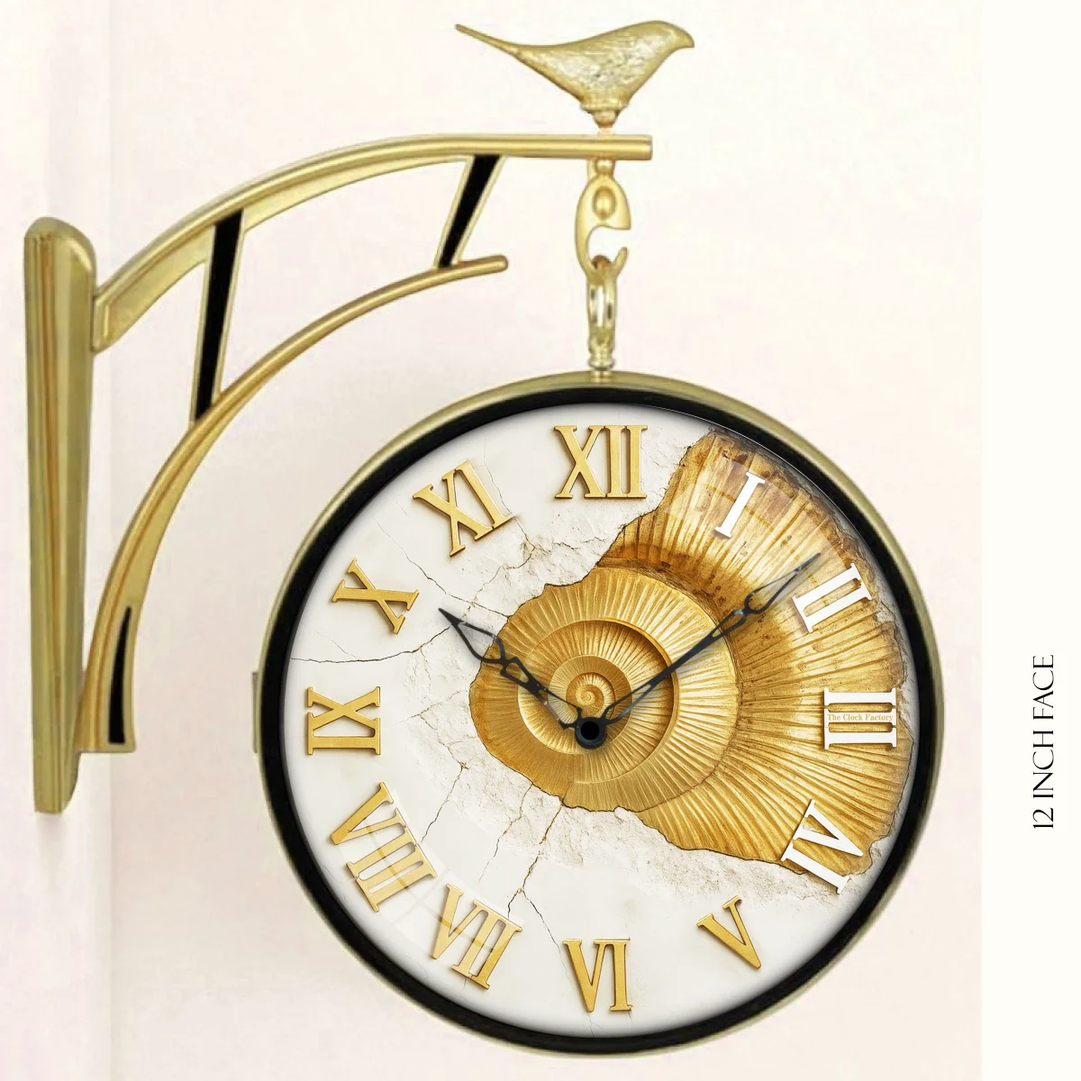 The clock Factory s7texture Antique Gold Double Sided Wall Clock with Vintage Fossil Texture - The clock Factory s7texture-shell - Double Sided Clocks  Plastic - ["Vintage Style", "Home Decor", "Double Sided", "Metal Frame", "Textured Dial"]