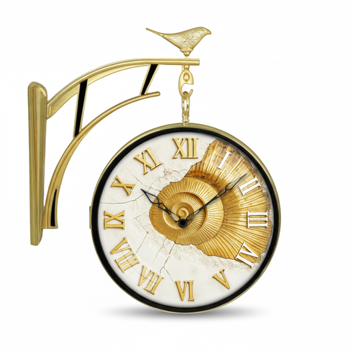Antique Gold Double Sided Wall Clock With Vintage Fossil Texture