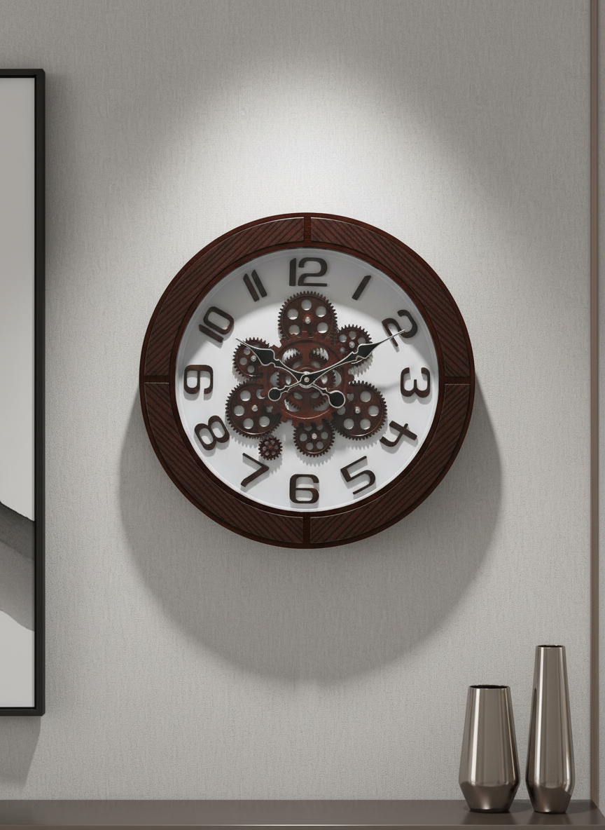 elegant g4 Modern Industrial Wall Clock with Decorative Gears & Wood Grain Frame lifestyle 1