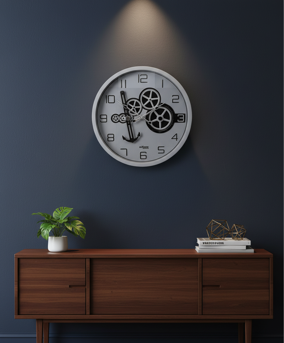 SkyZZer 1819 Modern Industrial Wall Clock with Visible Gears & Anchor Design, Matte Gray