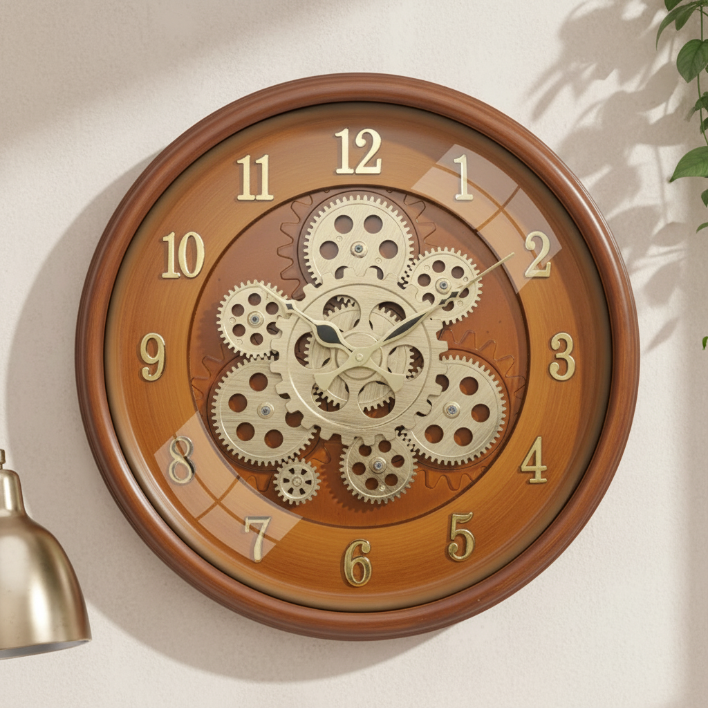 Matiz 1487 16-inch Industrial Steampunk Wall Clock with Exposed Gears - The clock Factory 1487-wooden - Premium Wall Clock 