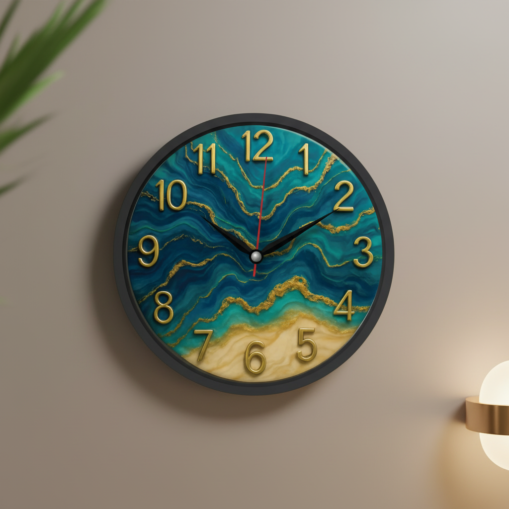 The clock Factory tcf094 Modern Abstract Teal & Gold Wall Clock with 3D Numerals - The clock Factory tcf094-green