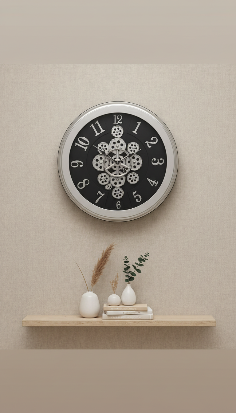 Sapna 3551 Modern Industrial Wall Clock with Exposed Gears, Brushed Silver Frame