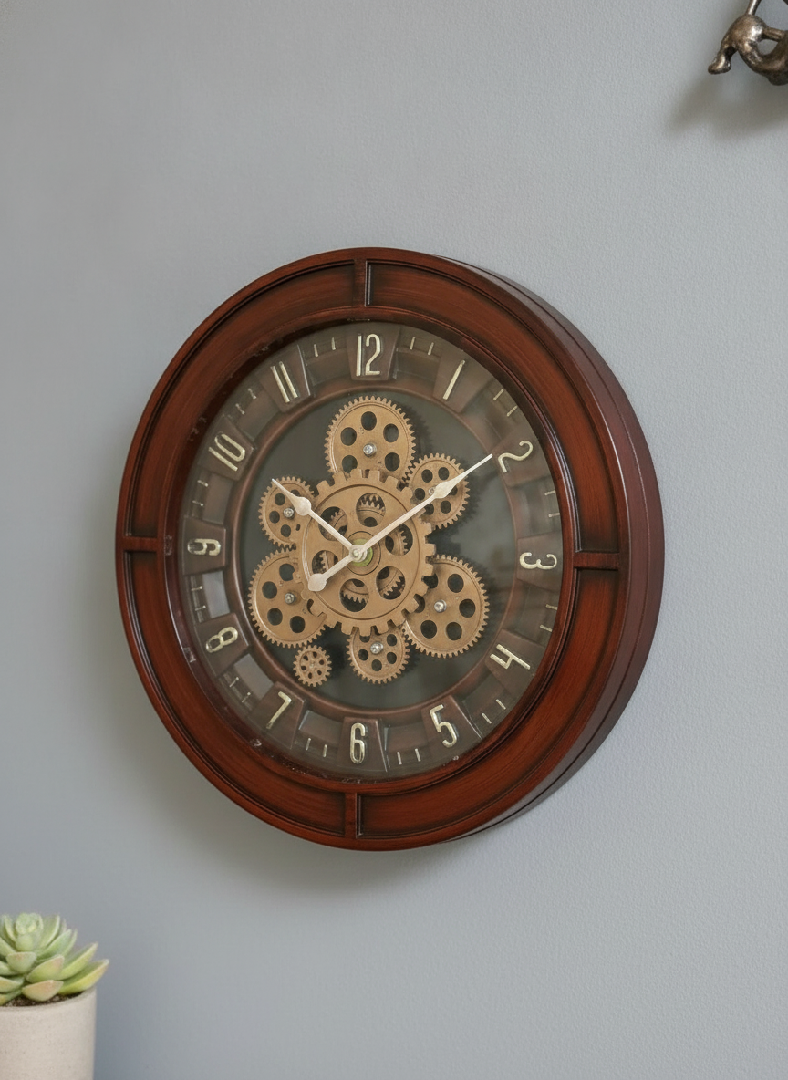 Elegant Gear 10 Honeywood & Gold Accents Decorative Wall Clock lifestyle 4
