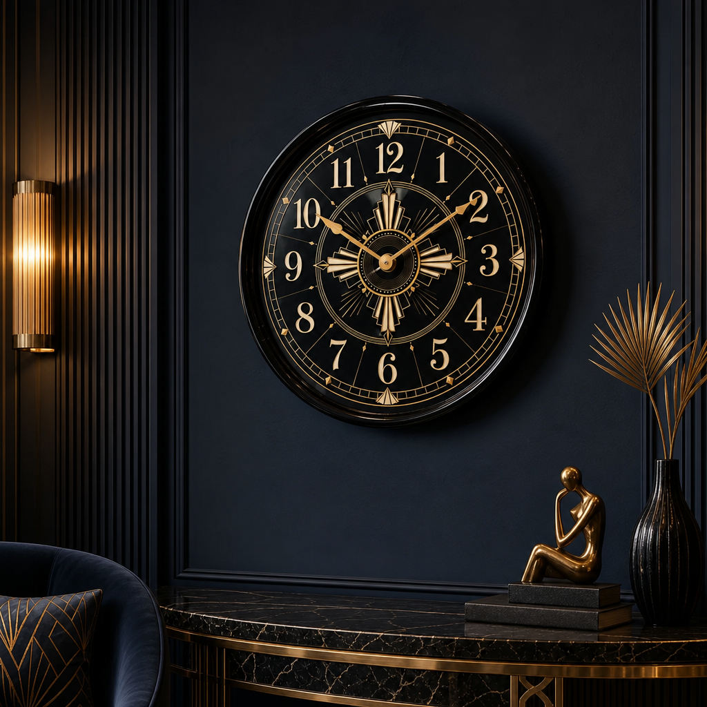 The Clock Factory 031 Tribal Art Deco Black & Gold Wall Clock styled in a room setting 2