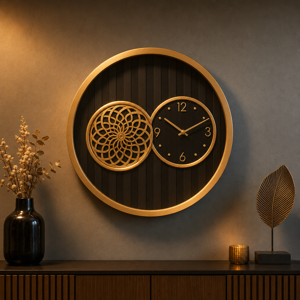 SkyZZer 018-BrownWoodFinish Decorative Wall Clock with Gold Accents - Decor 8
