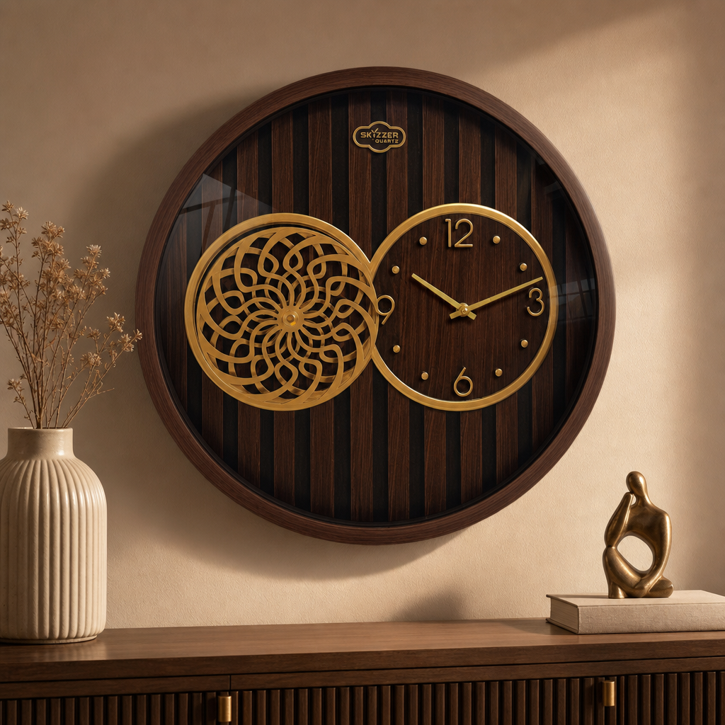 SkyZZer 018-BrownWoodFinish Decorative Wall Clock with Gold Accents - Decor 2