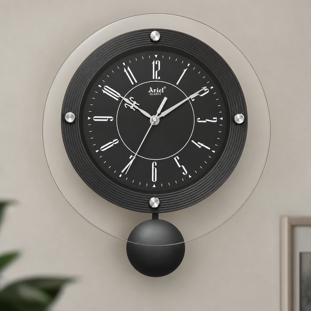 Ariel Pendulum Small Wall Clock - Black with Black Dial on wall color