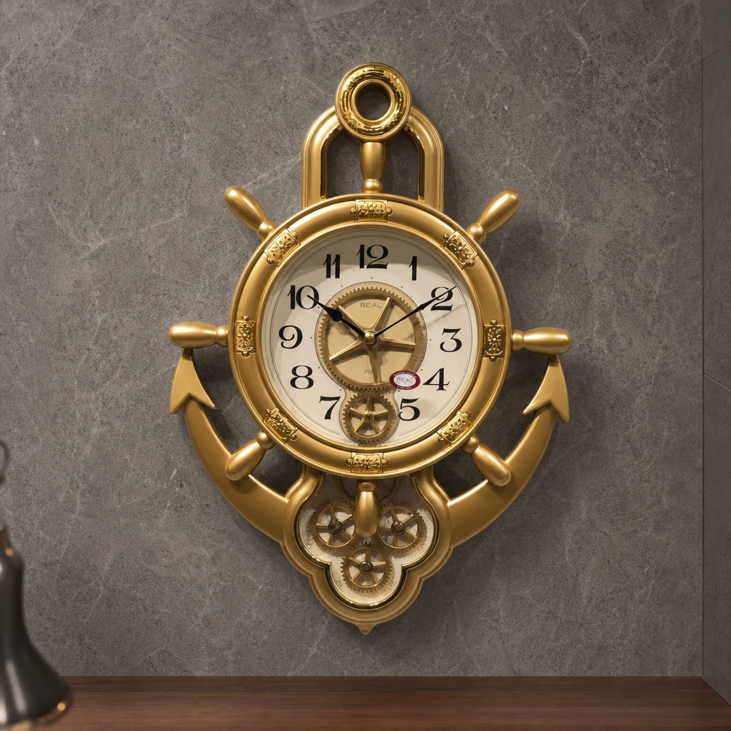 Real RG07-Golden Nautical Ship Wheel and Anchor Wall Clock dimensions