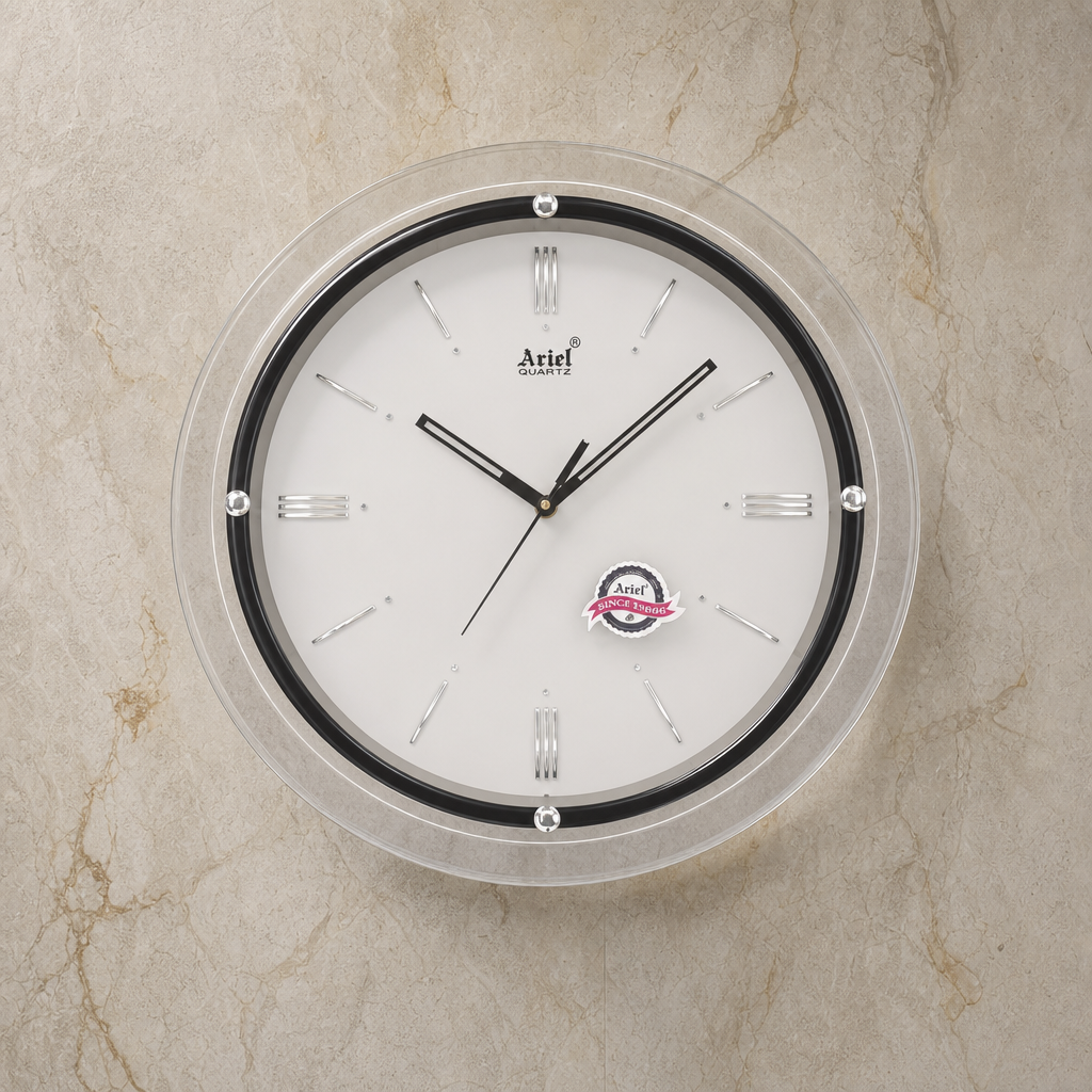 Ariel 2091-WhiteandSilver Quartz Wall Clock with Clear and Black Frame lifestyle 3
