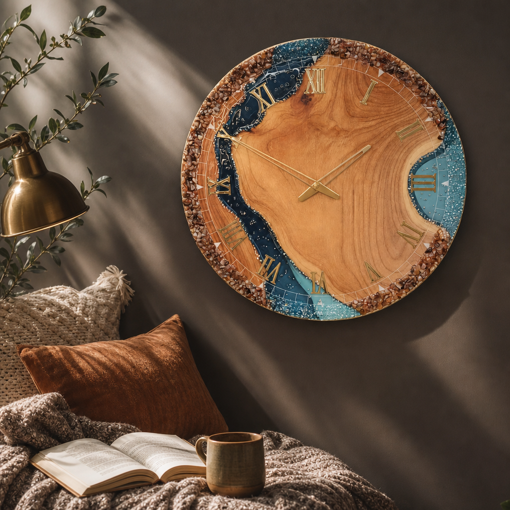 The Clock Factory 24-inch Wood and Dark Blue Resin River Wall Clock styled in a room setting 1