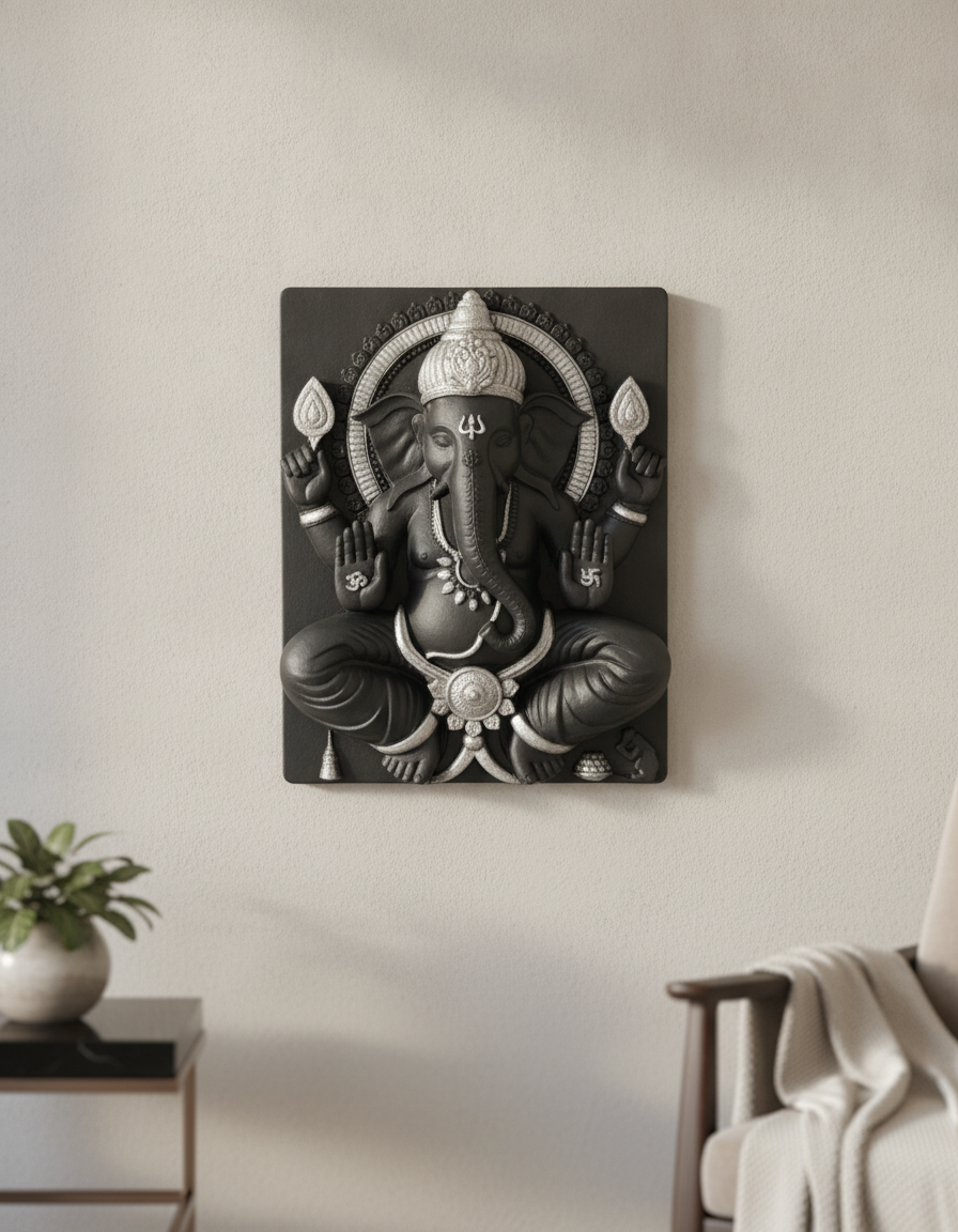 Capital Ganesh Ji - Black with Silver Accents Wall Art