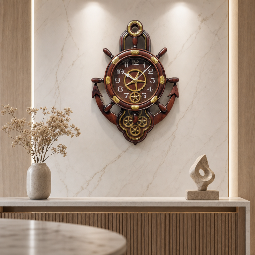 Real RG07 Nautical Dark Reddish Brown Wood Wall Clock with Visible Gears, 24x17 inch styled in a room setting 3