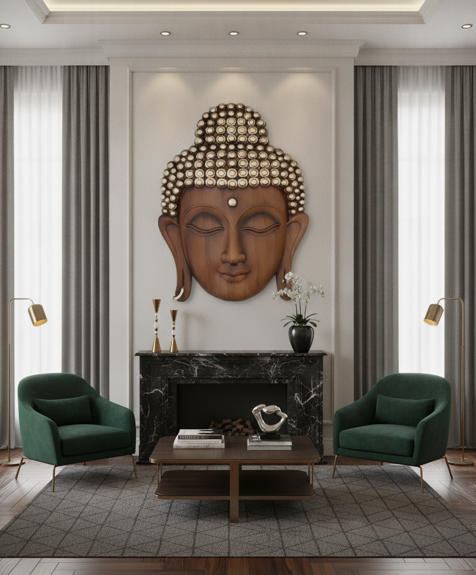 Theo Buddha Face Wall Art - Light Wood & Silver - Decor 14
