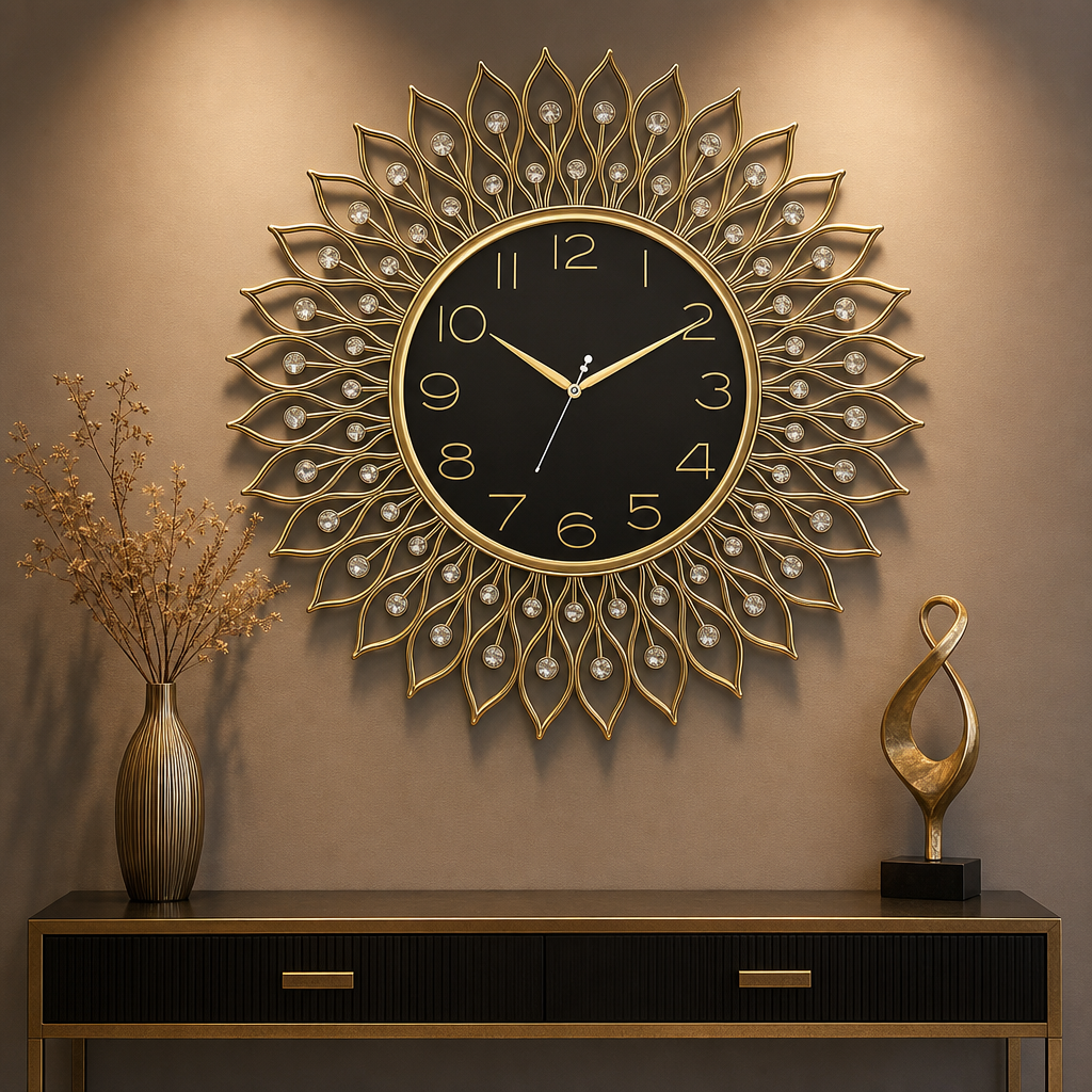 Gold & Black Crystal Sunburst Wall Clock styled in a room setting 3