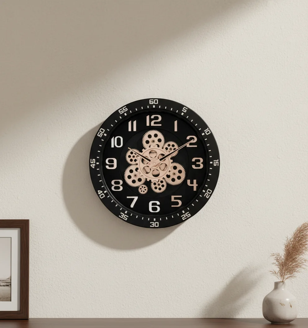 Capital 333 Industrial Style Wall Clock - Black with Decorative Bronze Gears