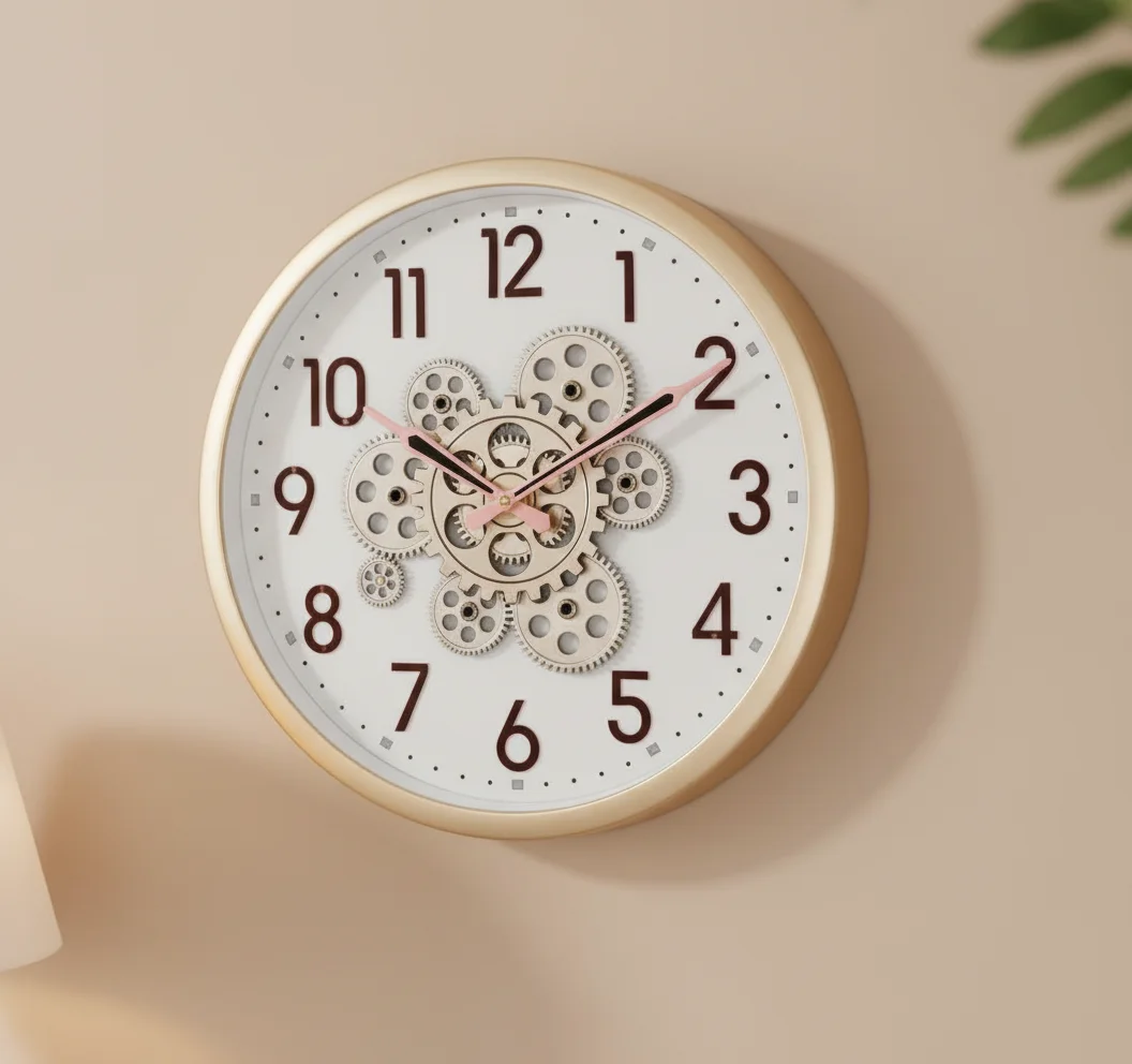 capital Decorative Wall Clock with Visible Gears, Gold Frame