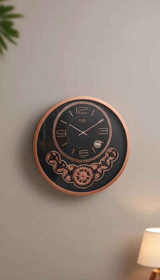 Sizzero 1811 Industrial Modern Wall Clock with Rose Gold Metallic Frame & Visible Gears - Sizzero 1811-black