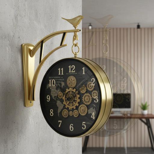 The clock Factory s7WorldMap Double Sided Wall Clock with Steampunk Gears and World Map Dial, Antique Gold - The clock Factory s7WorldMap-Black