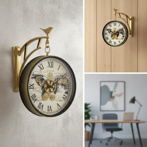 The Clock Factory s7WorldMap Double Sided Wall Clock - Vintage World Map Dial with Exposed Gears & Decorative Bird, Gold Finish - The clock Factory s7WorldMap-White