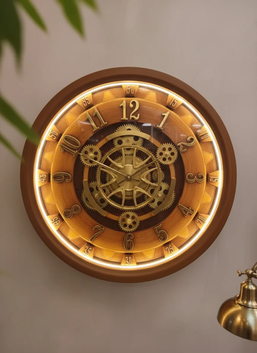 LED LIGHT Steampunk Gear Wall Clock - Golden Brown
