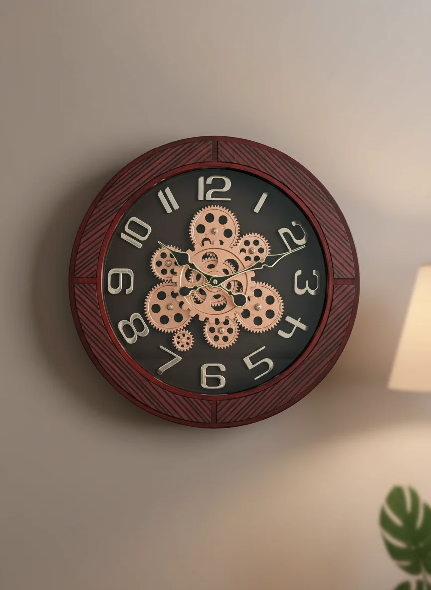 elegant g4 Steampunk Industrial Wall Clock with Exposed Gears and Dark Wood Grain Frame - elegant g4-Black - Premium Wall Clock