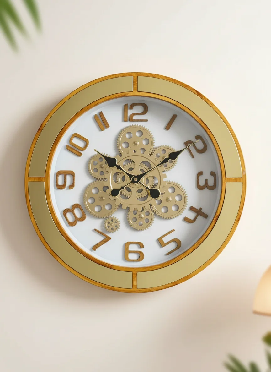 Elegant g4 Wall Clock with Visible Gears, Gold Accents & Wood Grain Finish - elegant g4-Mirror - Premium Wall Clock