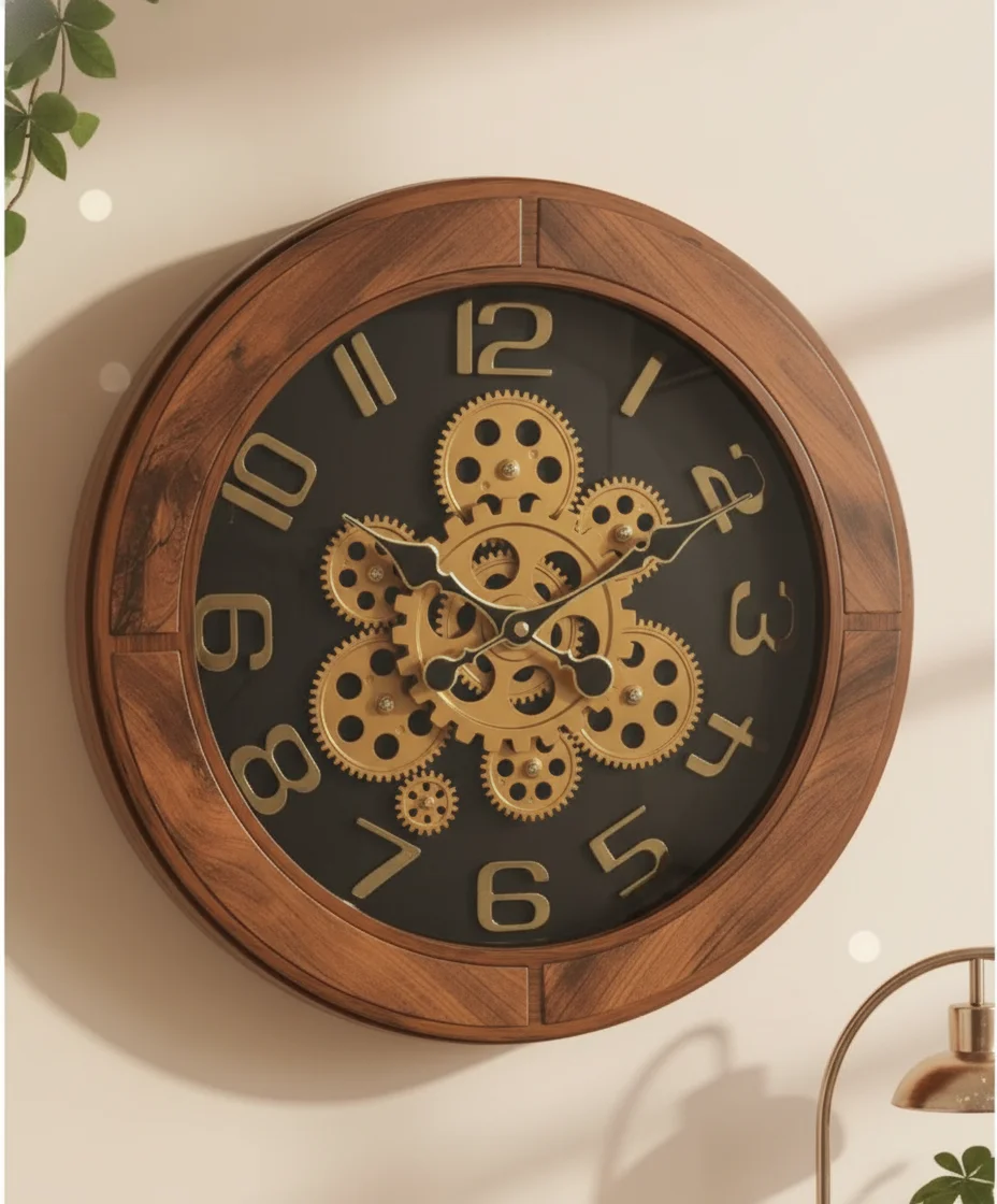 elegant Decorative Gear Steampunk Wood Grain Analog Wall Clock - elegant g4texture - Premium Wall Clock