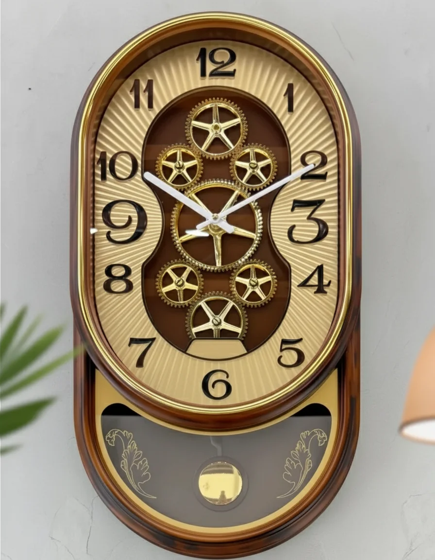 Real RG03 Elegant Gold-Tone Wall Clock with Exposed Gears and Pendulum - Real RG03-ivory - Premium Wall Clock
