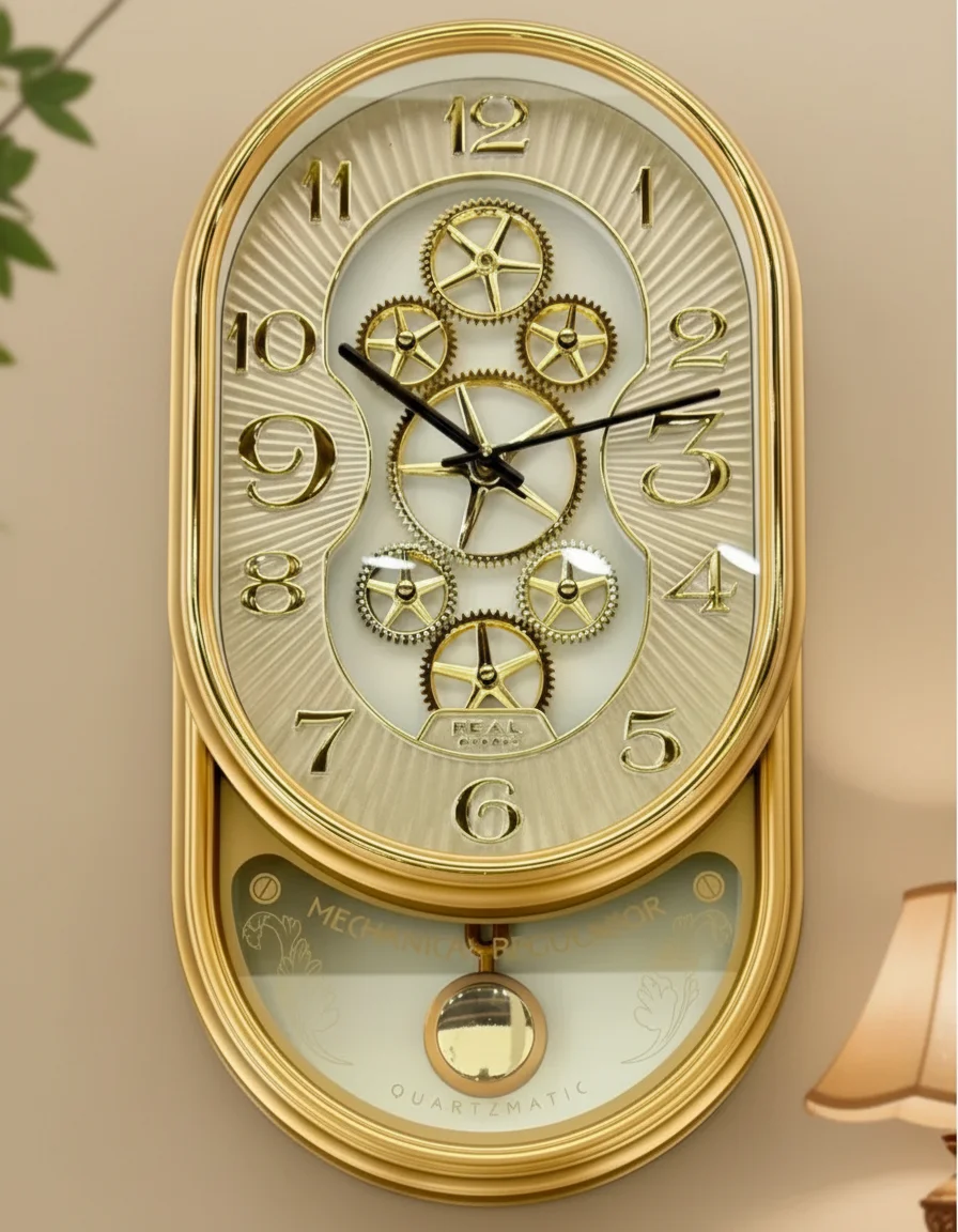 Real RG03 Elegant Gold-Tone Wall Clock with Exposed Gears and Pendulum - Real RG03-Golden - Premium Wall Clock