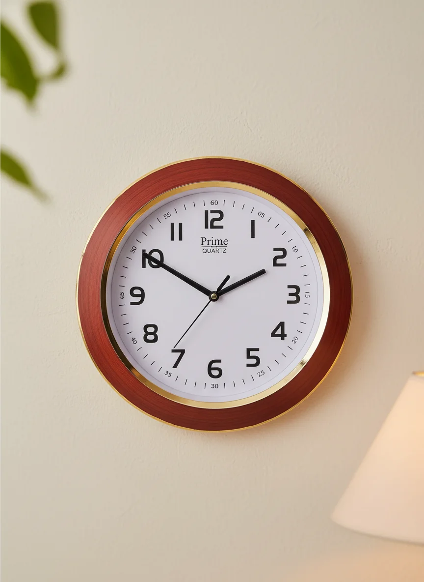 Prime 1158 Analog Wall Clock with Wood Grain & Gold Trim
