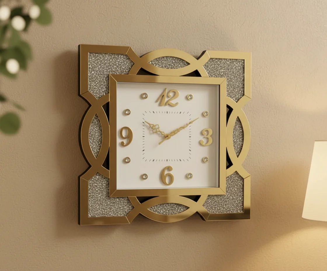 Sunbird 712 Gold Mirrored & Glitter Wall Clock - Modern Decorative Analog Timepiece