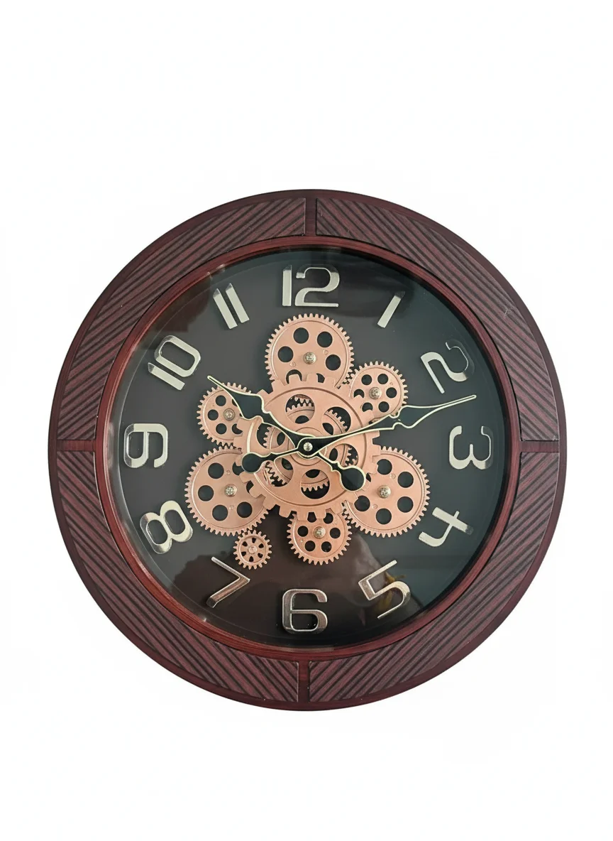 Steampunk Industrial Wall Clock With Exposed Gears And Dark Wood Grain Frame