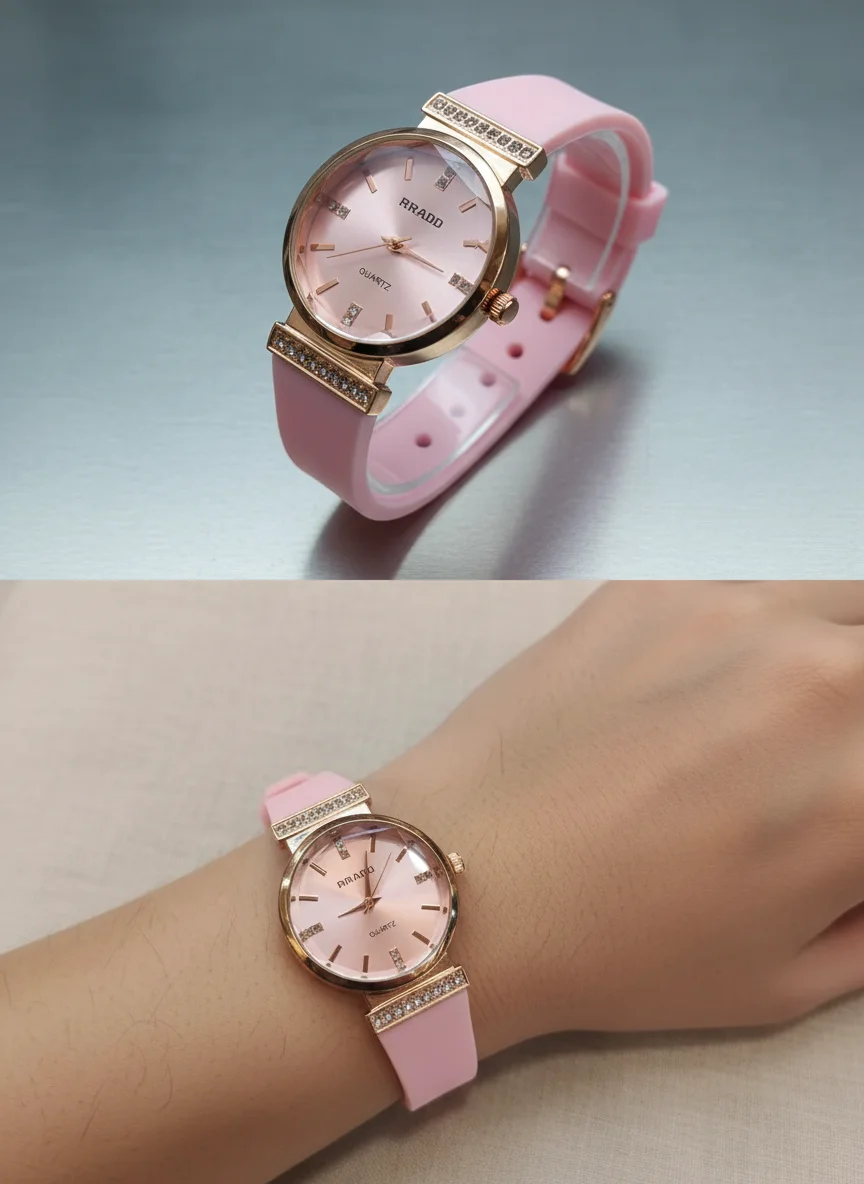 Vantier v1 Women's Rose Gold Tone Quartz Watch with Faceted Crystal and Pink Silicone Strap