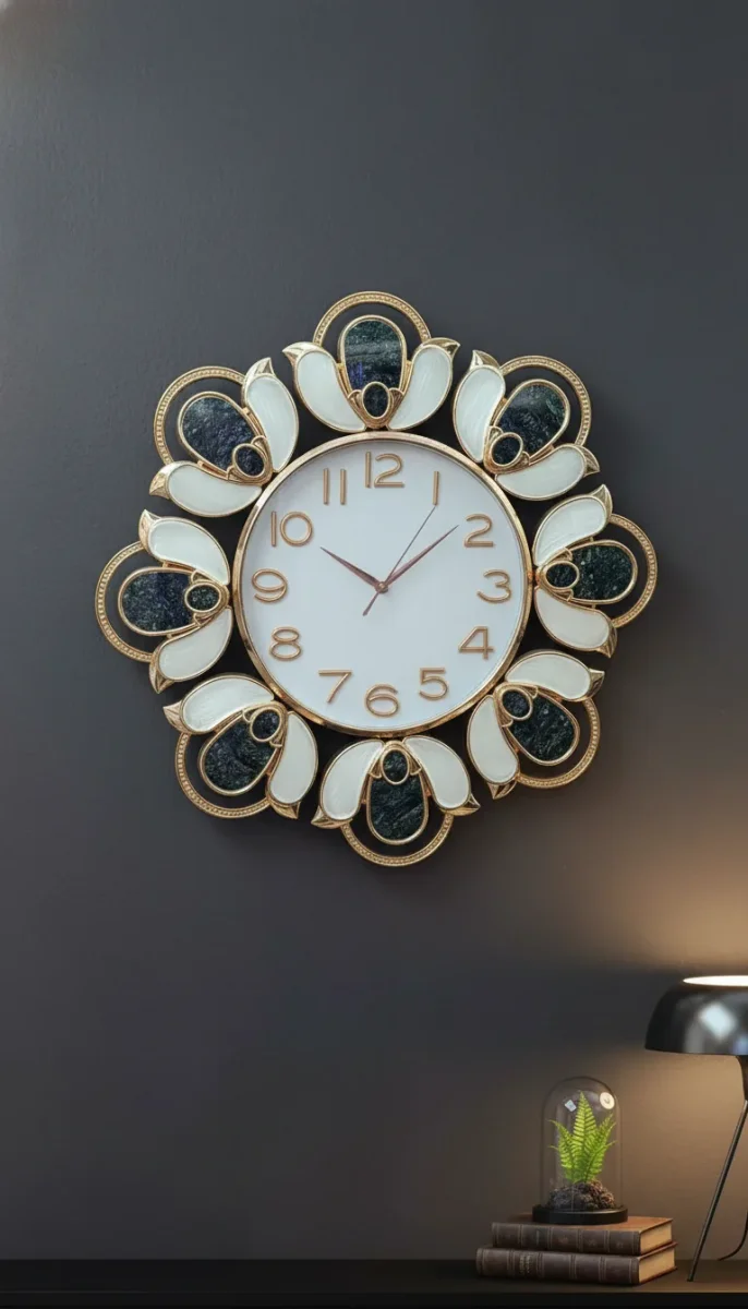 Elegant Gold & White Floral Design Wall Clock - The clock Factory 512-imp - Premium Wall Clock 26 inch