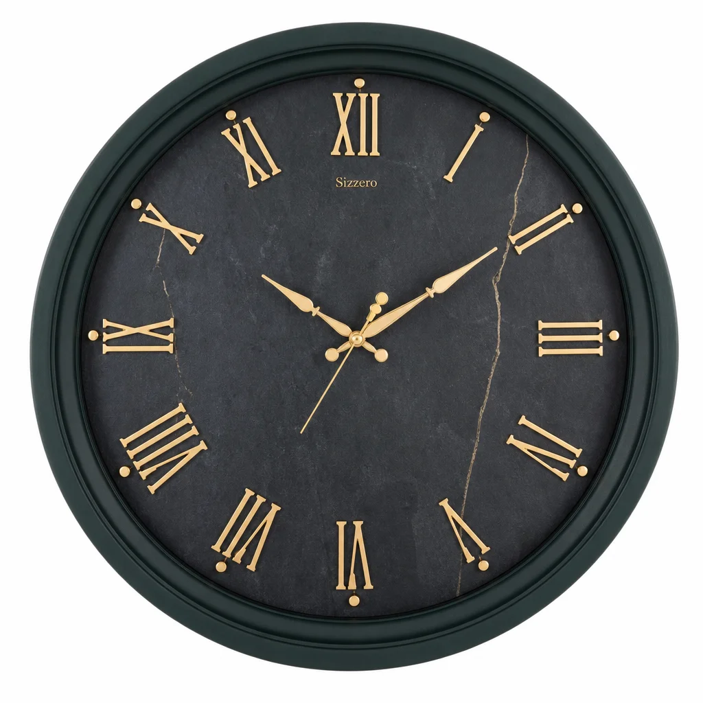 Dark Green Wall Clock With Gold ROMAN Numerals And Marble Effect Dial